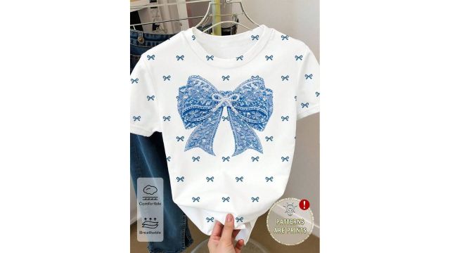 Summer Girls' Creative Fresh Small Pearl Floral Pattern Bow White Base Hazy Blue Bow Shape Print Casual Style Basic Short T-Shirt
