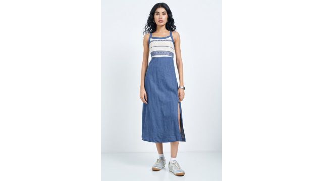 S F Jeans Blue Crochet Bodice Empire Line Strappy Midi Dress with Slit
