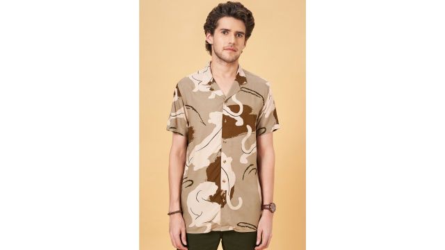 Urban Ranger Khaki Printed Casual Half Sleeves Shirt Collar Men Slim Fit Casual Shirts