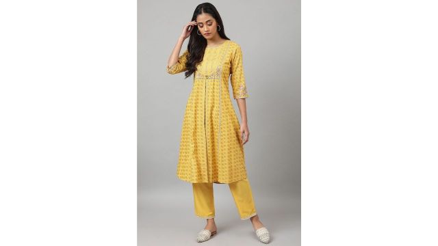 W Yellow Print Ethnic Kurta