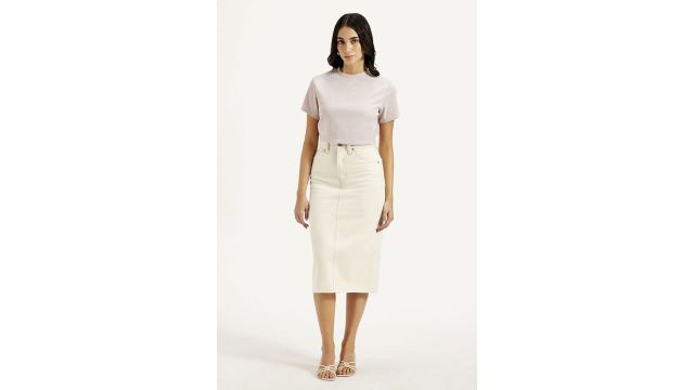 White Solid Calf Length Casual Women Slim Fit Skirts
