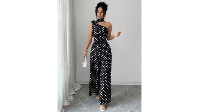 Women's Elegant Casual Black Polka Dot Asymmetric Collar Rose Embellished Sleeveless Slim-Fit Jumpsuit