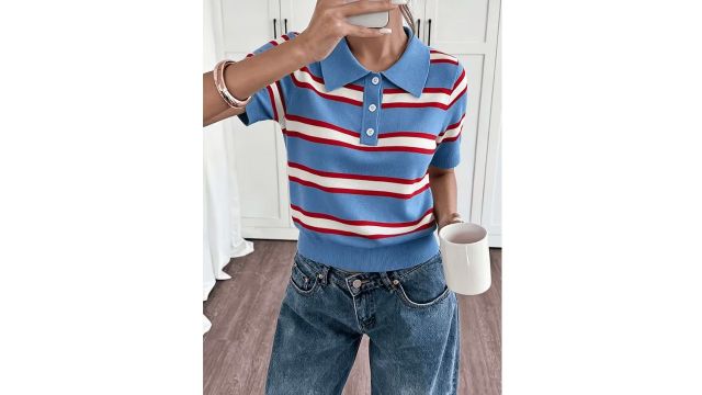Women's Striped Polo Top Short Sleeve Button Front Collared Shirt