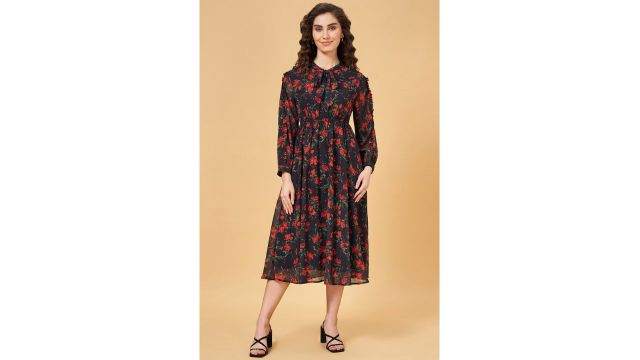 YU Black Printed Midi Casual Women Flared Dress