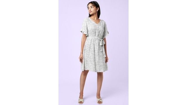 YU Off White Printed Knee Length Casual Women Flared Dress