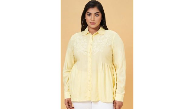 Yellow Solid Casual Full Sleeves Shirt Collar Women Regular Fit Tops