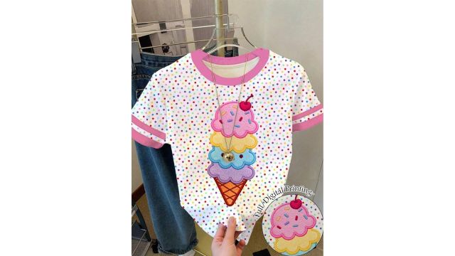 Young Girl Round Neck Contrast Trim Colorful Polka Dot Ice Cream Embroidery Casual Summer T-Shirt