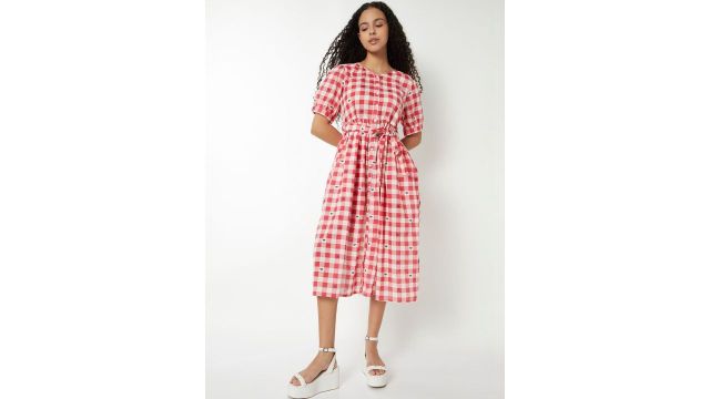 Max Checked Puff Sleeve A-Line Midi Dress 