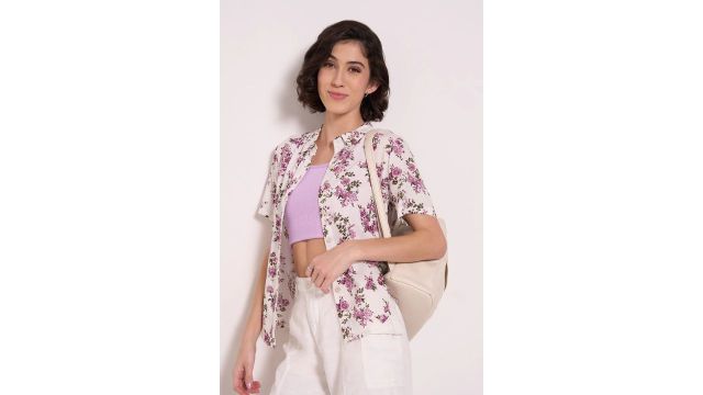 Honey Off White Printed Casual Half Sleeves Shirt Collar Women Regular Fit Shirt