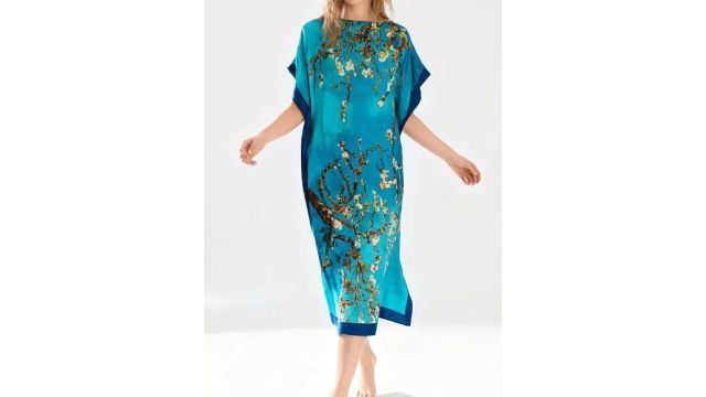 1pc Women's Vintage Elegant Floral Print Faux Silk Long Kaftan Pullover
