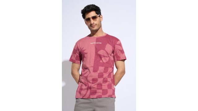 7 Alt Pink Printed All - Over Casual Half Sleeves Round Neck Men Relaxed Fit T-Shirt
