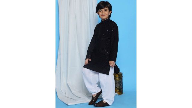 Ajdesines Boys Floral Embroidered Band Collar Sequins Straight Kurta