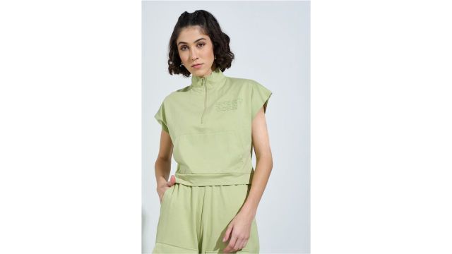 Ajile Light Olive Solid Athleisure Dolman Sleeves Shirt Collar Women Oversized Top