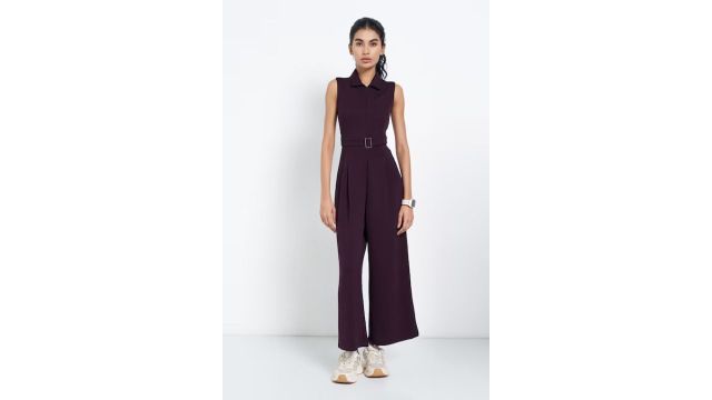 Ajile Purple Sleeveless Belted Wide-Leg Jumpsuit