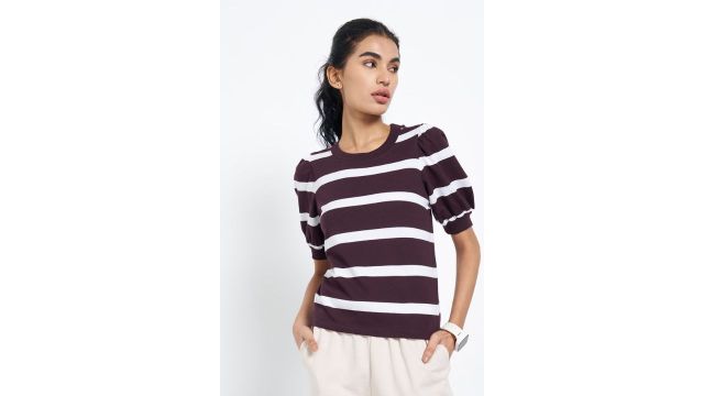 Ajile Purple Striped Puff Sleeve Top