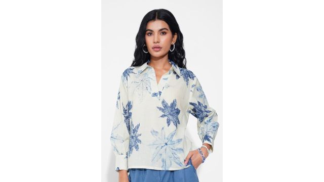 Akkriti Blue Johnny Collar Botanical Print Relaxed Shirt
