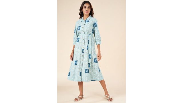 Akkriti Light Blue Printed Shirt Collar Casual Calf Length Three-Quarter Sleeves Women Regular Fit Ethnic Dresses