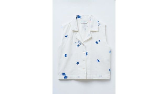 Akkriti White Sea Life Embroidered Sleeveless Collared Top