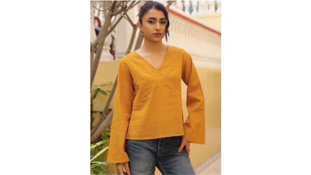 Ananya Polka Dot Print Bell Sleeve Cotton Top