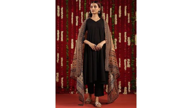 Anayna Black & Orange Geometric Woven Design Cotton Anarkali Kurta with Trousers & Dupatta