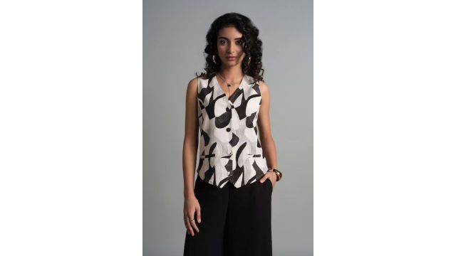 And Black Printed Formal Sleeveless V-Neck Women Tapered Fit Top