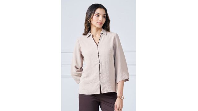 Annabelle Beige Crush-Texture Collared Top