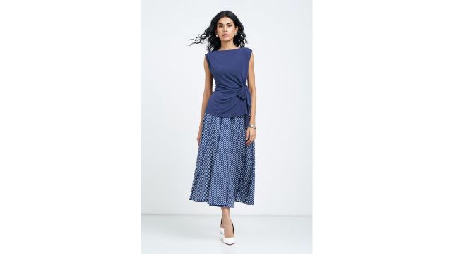 Annabelle Blue Herringbone Stripe Flared Midi Skirt