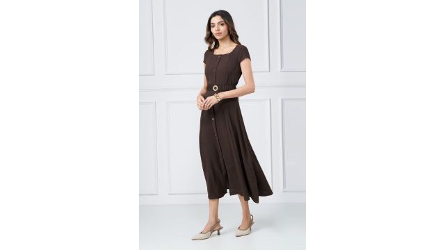 Annabelle Brown Crush Textured Button-Front Midi Dress