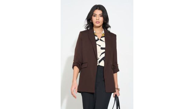 Annabelle Brown Roll-Up Sleeve Long Blazer