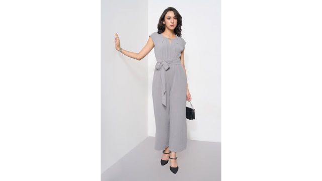 Annabelle Grey Crush Pleat Detail Belted Jumpsuit