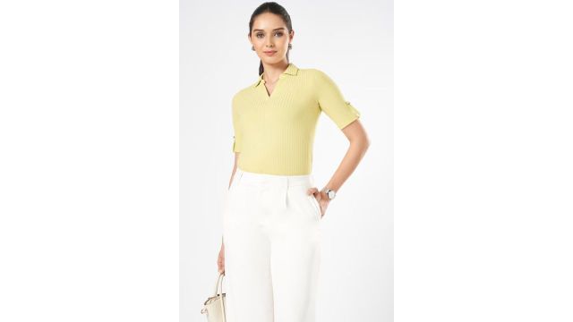Annabelle Lime Striped Formal Half Sleeves Polo Collar Women Slim Fit Top