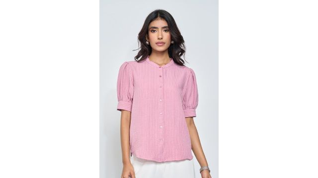 Annabelle Pink Striped Puff-Sleeve Textured Mandarin Top