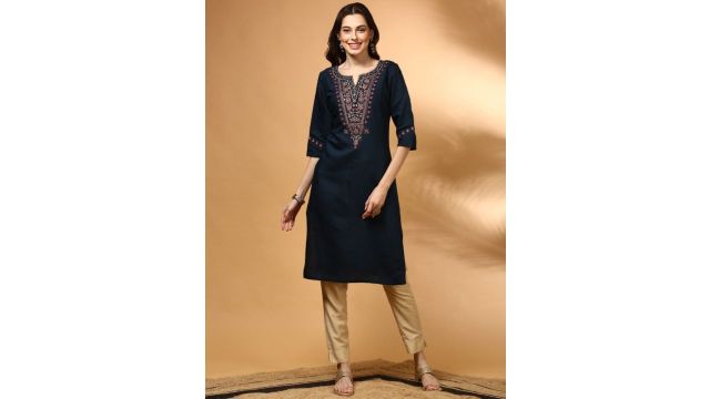 Anouk Floral Yoke Design Notch Neck Straight Kurta