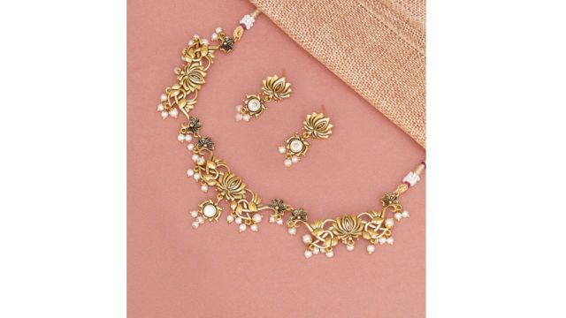 Apsara Lotus Motif Filigree Gold Plated Brass Jewellery Set