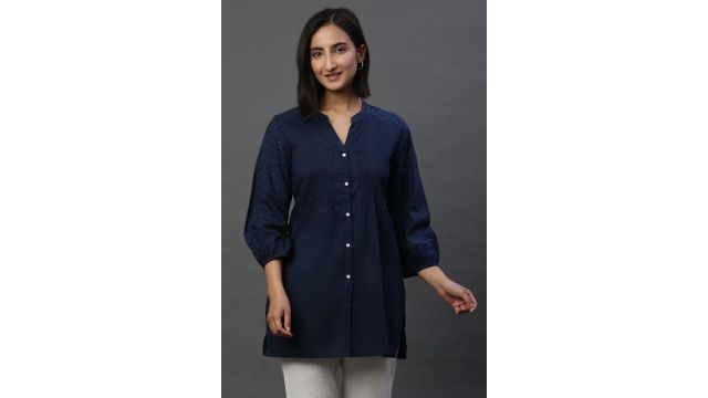Aurelia Navy Embroidered Cotton Mandarin Collar Women Regular Fit Tunics