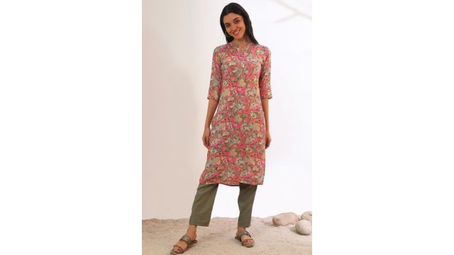 Aurelia Pink Printed Calf Length Casual Women Regular Fit Kurtas