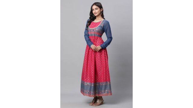 Aurelia Pink Printed Round Neck Festive Ankle Length Full Sleeves Women Regular Fit Ethnic Dresses