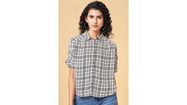 Bare denim White Textured Casual Dolman Sleeves Shirt Collar Women Regular Fit Tops