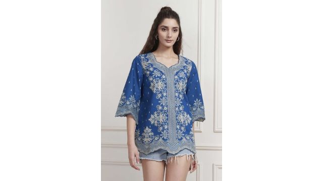 Biba Medium Blue Embroidered Straight Fit Tunic