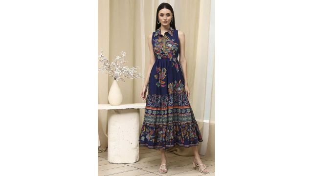 Biba Navy Printed Flared Ethnic Dress
