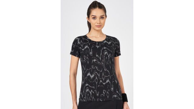 Black Printed Athleisure Half Sleeves Round Neck Women Regular Fit T-Shirt