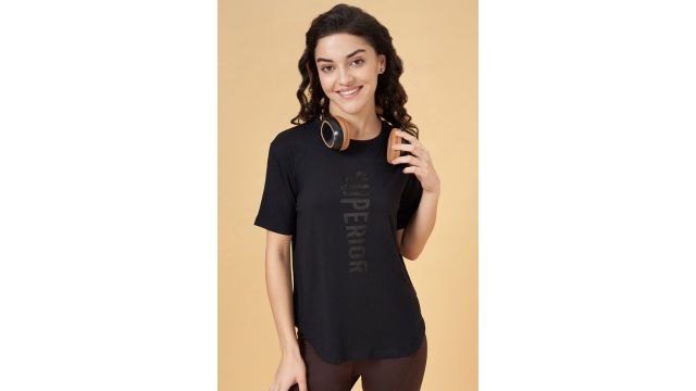 Black Printed-Graphic Athleisure Half Sleeves Round Neck Women Relaxed Fit T-Shirts