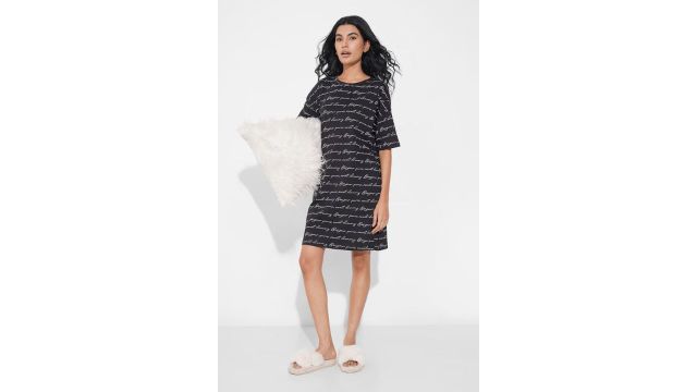 Black Typographic Print Sleepwear Nightdress