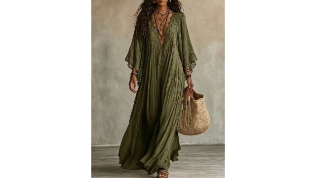 Boho Fairycore Lace Trim V Neck Kimono Sleeve Tiered Maxi Dress