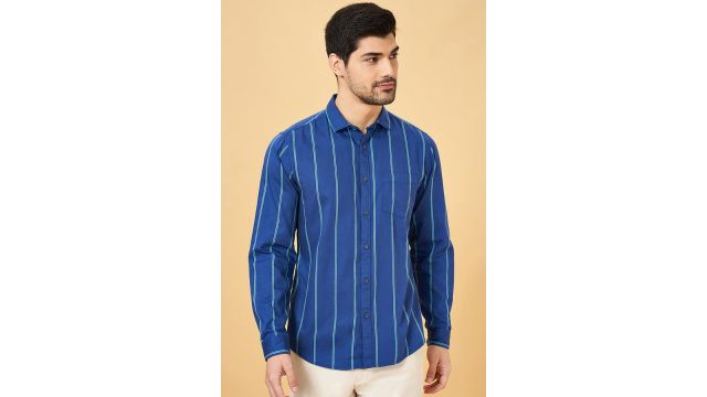 Byford Navy Striped Casual Full Sleeves Shirt Collar Men Slim Fit Casual Shirt