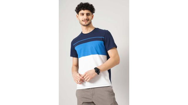 Celio Navy Colourblocked Casual Half Sleeves Round Neck Men Straight Fit T-Shirts