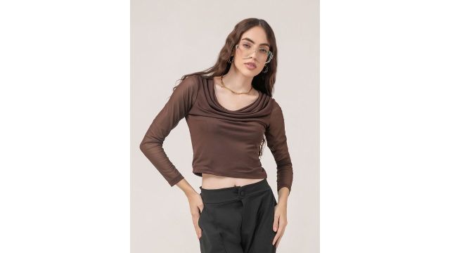 Clobug Women Cowl Neck Sheer Net Crop Top