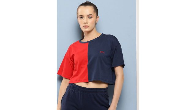 Slazenger Colourblocked Drop-Shoulder Sleeves Pure Cotton Boxy Crop T-shirt
