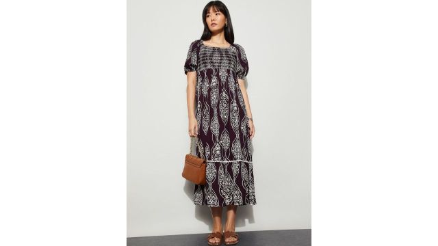 Fame forever by lifestyle Bohemian Print Puff Sleeve A-Line Midi Dress