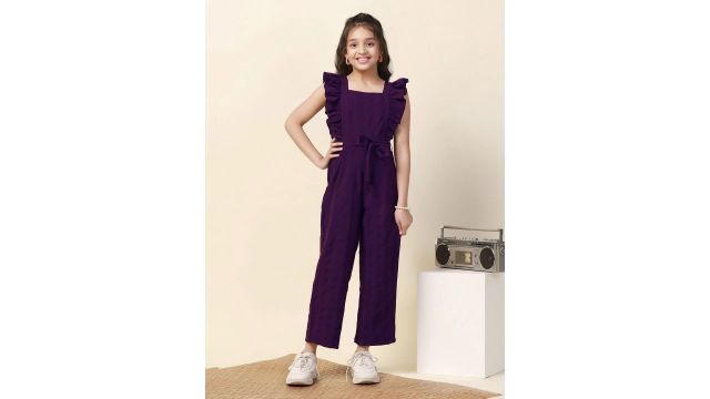 Fashion dream Girls Solid Square Neck with Ruffle Sleeve Jumpsuits